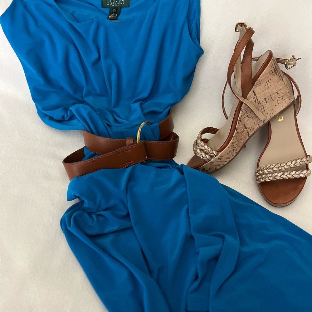 Lauren Elegant Blue Sleeveless Dress with Belt